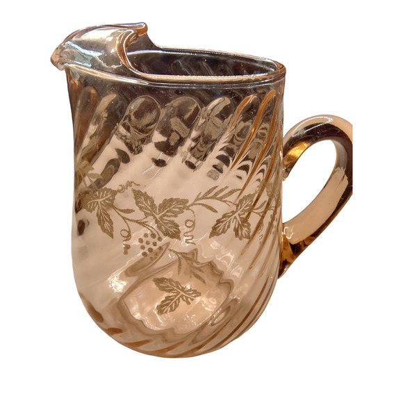 Pink Depression Glass Pitcher with 1 Glass Etched Grapes - Picture 2 of 5